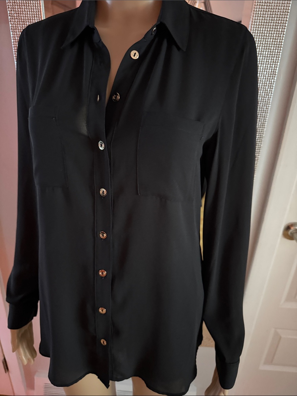 GUESS Black Sheer Long Sleeve Button-Down Blouse Size S